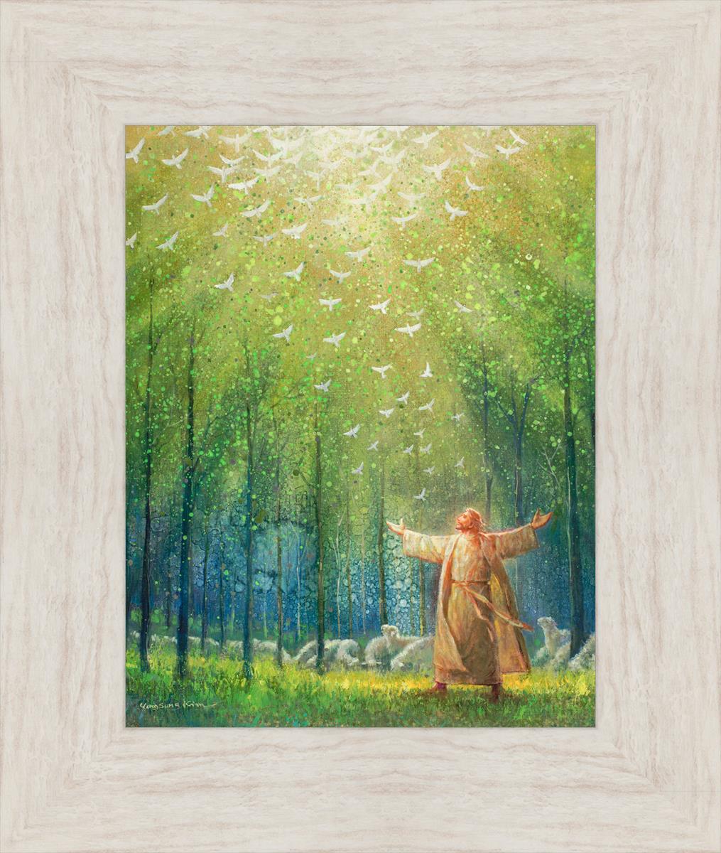This is a painting of Jesus and His sheep in a green forest with doves ascending towards heaven. | Ivory Frame Painting