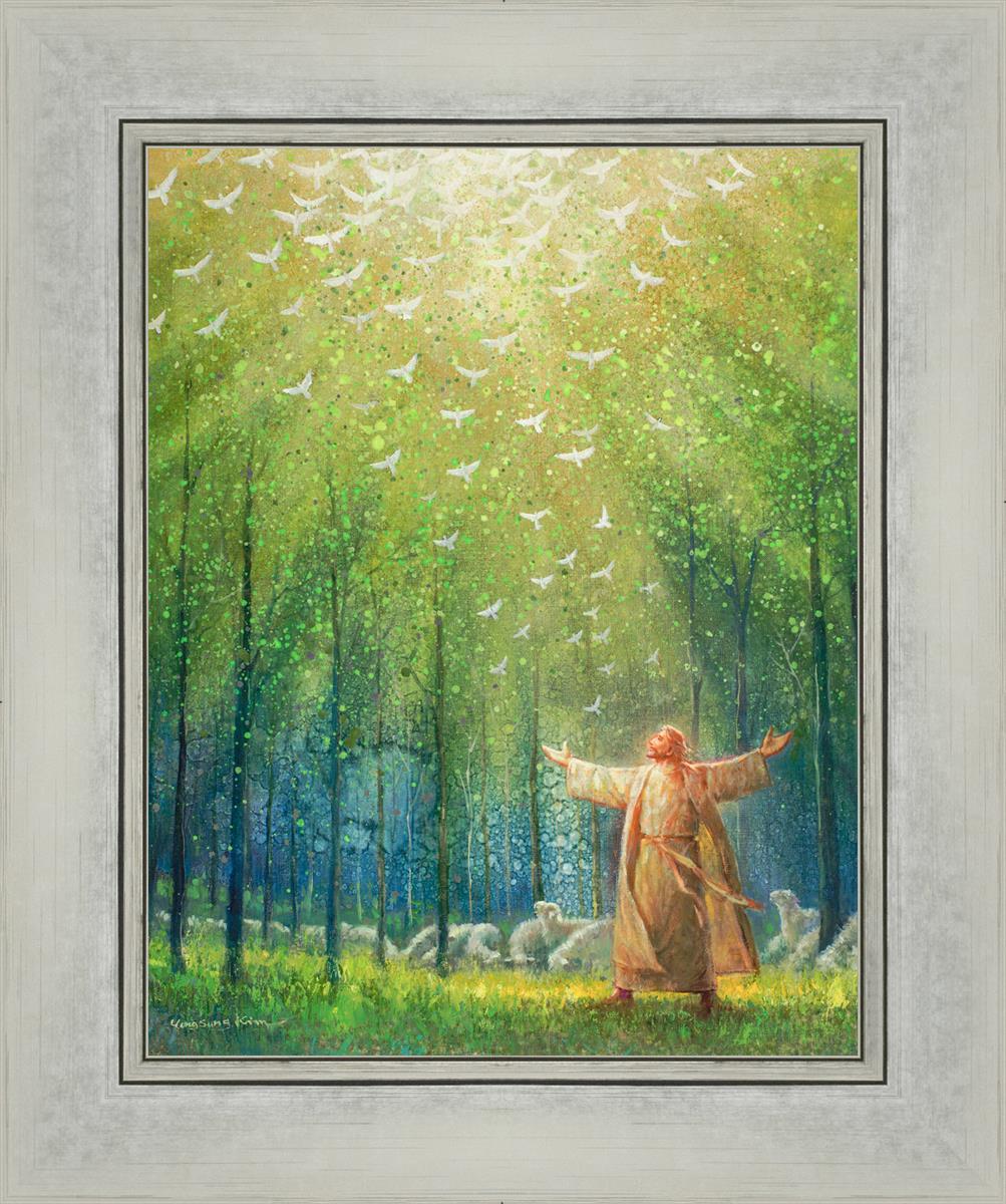 This is a painting of Jesus and His sheep in a green forest with doves ascending towards heaven. | Silver Frame Painting