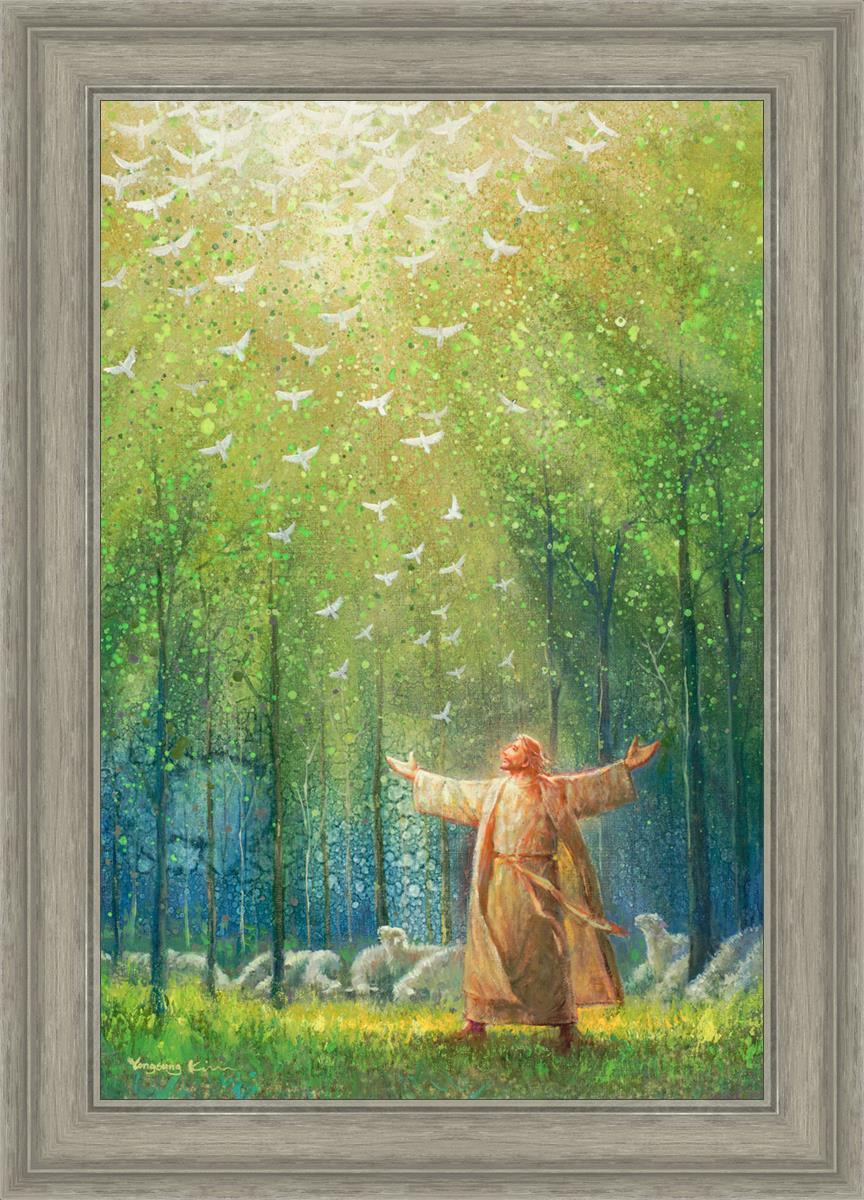Painting of Jesus and His sheep in a green forest with doves ascending towards heaven | Gray Frame Painting
