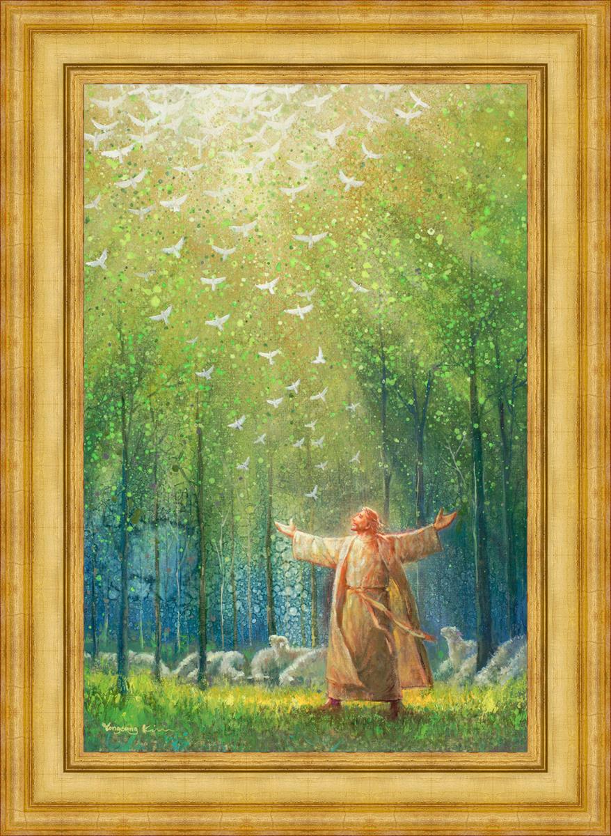 Painting of Jesus and His sheep in a green forest with doves ascending towards heaven | Gold Frame Painting