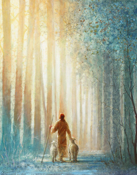 He Leadeth Me is a painting that depicts Jesus walking down a trail with one of His sheep - Yongsung Kim | Havenlight | Christian Artwork