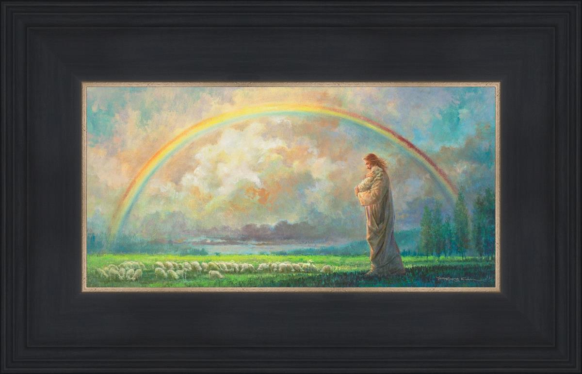 This painting depicts Jesus Christ looking at a rainbow while holding a little lamb.