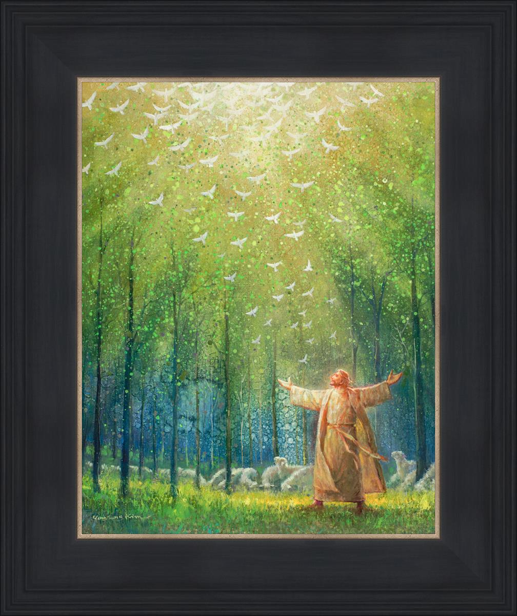 This is a painting of Jesus and His sheep in a green forest with doves ascending towards heaven. | Black Frame Painting
