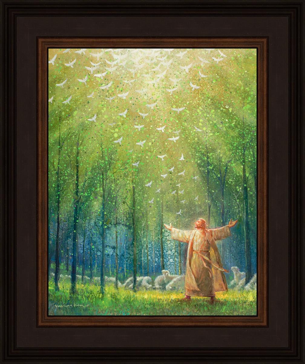 This is a painting of Jesus and His sheep in a green forest with doves ascending towards heaven. | Brown Frame Painting