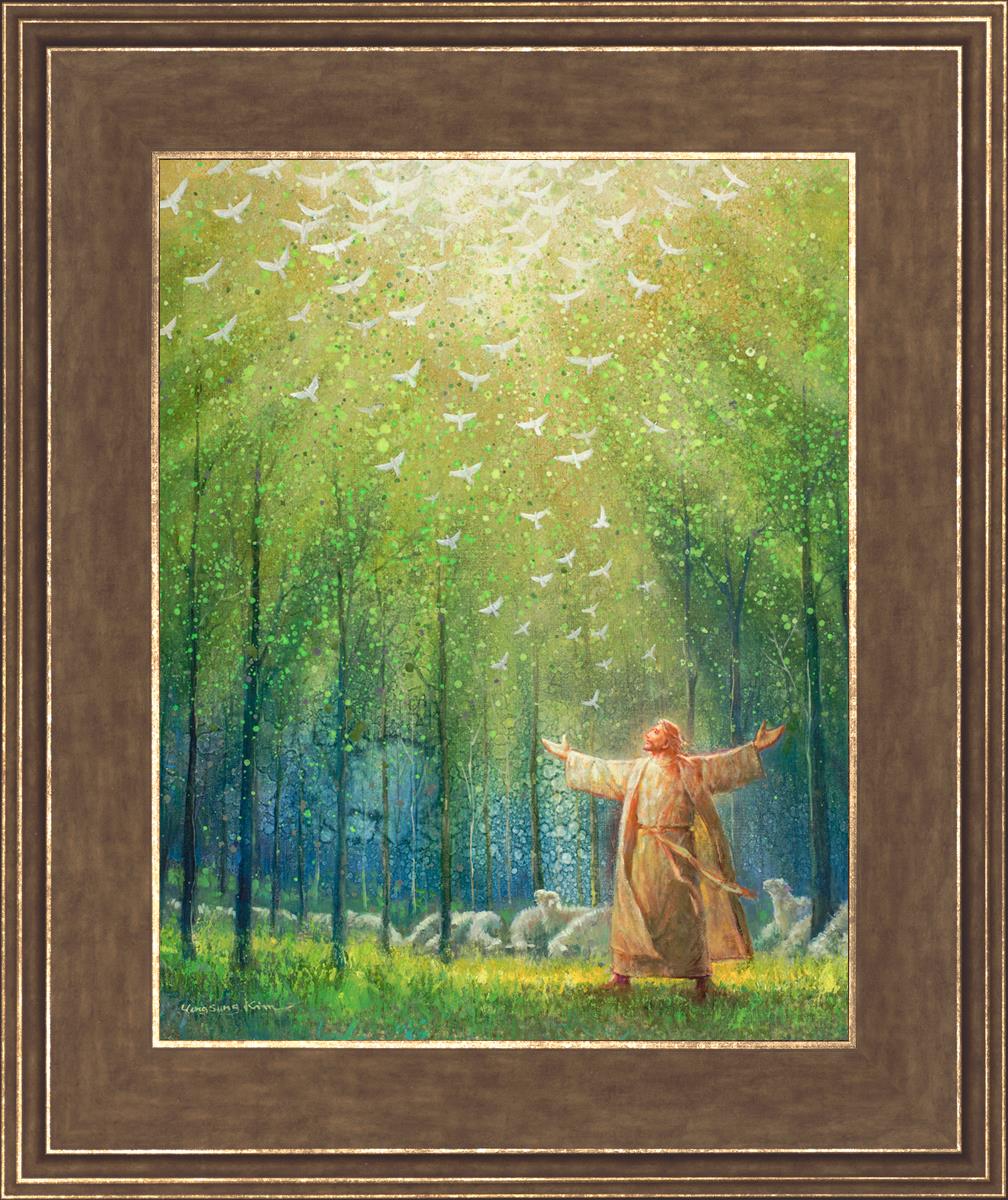 This is a painting of Jesus and His sheep in a green forest with doves ascending towards heaven. | Gold Outline Frame Painting