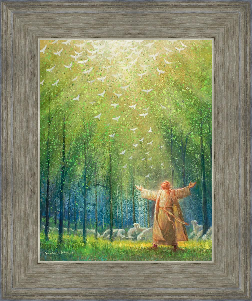 This is a painting of Jesus and His sheep in a green forest with doves ascending towards heaven. | Gray Frame Painting