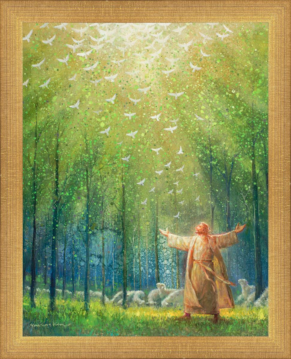 This is a painting of Jesus and His sheep in a green forest with doves ascending towards heaven. | Matte Gold Frame Painting