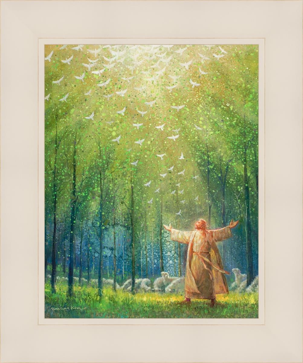 This is a painting of Jesus and His sheep in a green forest with doves ascending towards heaven. | White Frame Painting