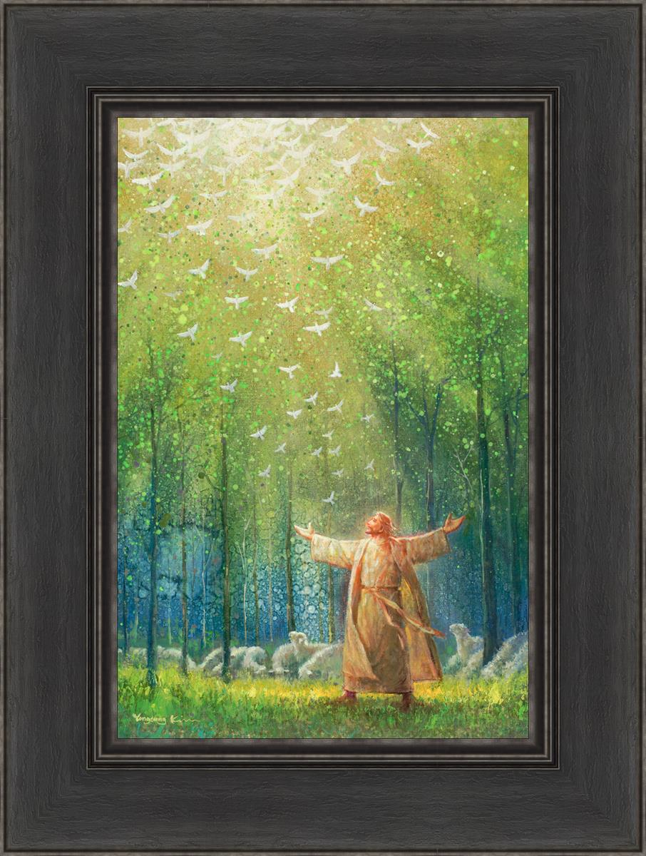This is a painting of Jesus and His sheep in a green forest with doves ascending towards heaven. | Black Frame Painting