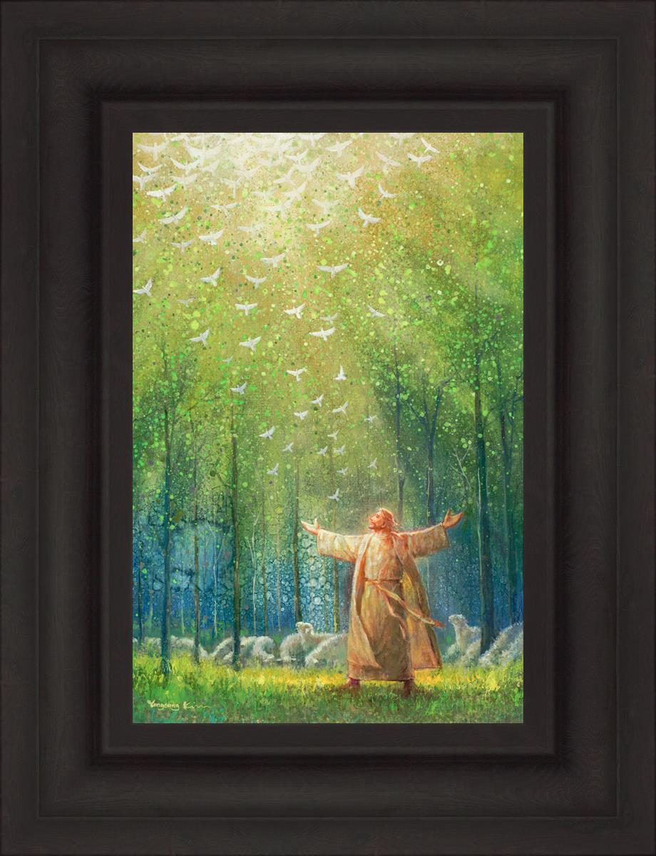 This is a painting of Jesus and His sheep in a green forest with doves ascending towards heaven. | Brown Frame Painting