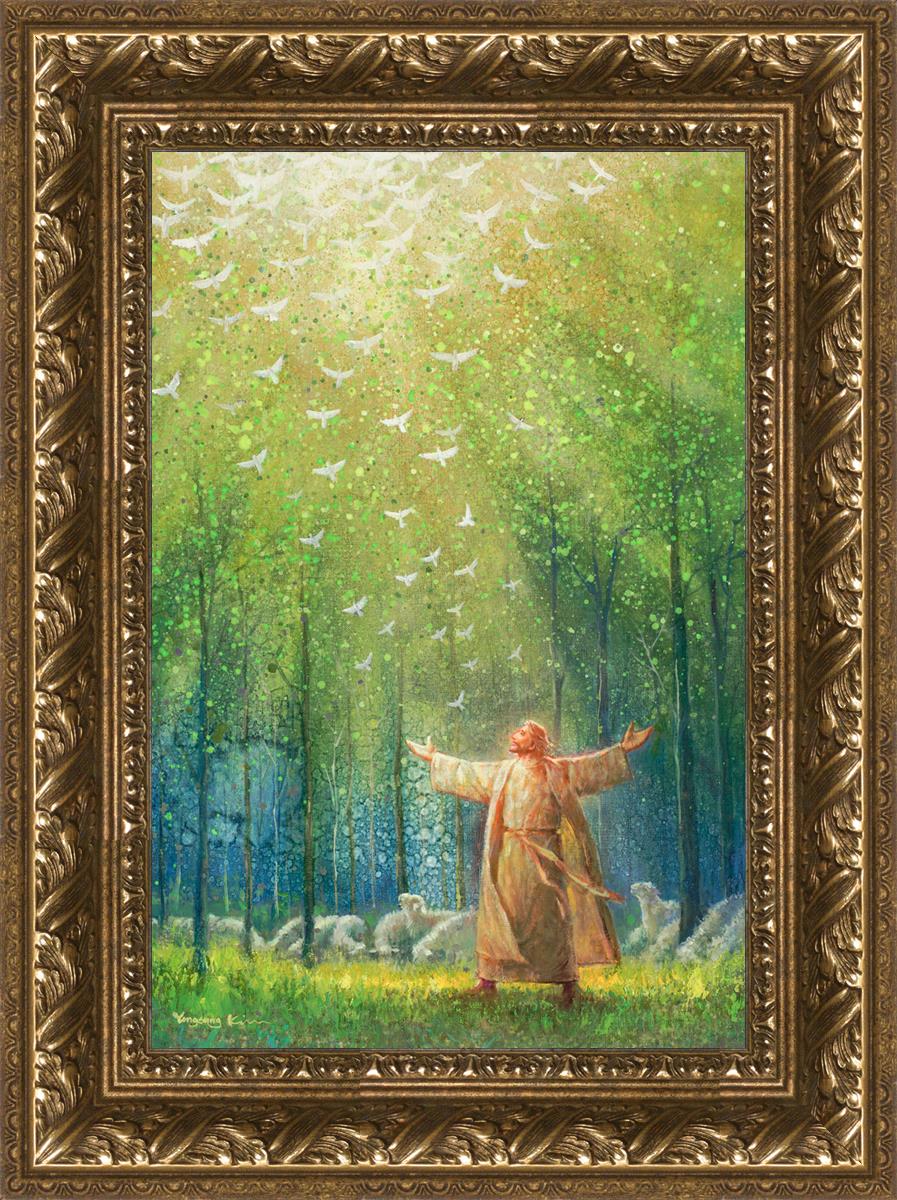 This is a painting of Jesus and His sheep in a green forest with doves ascending towards heaven. | Gold Frame Painting