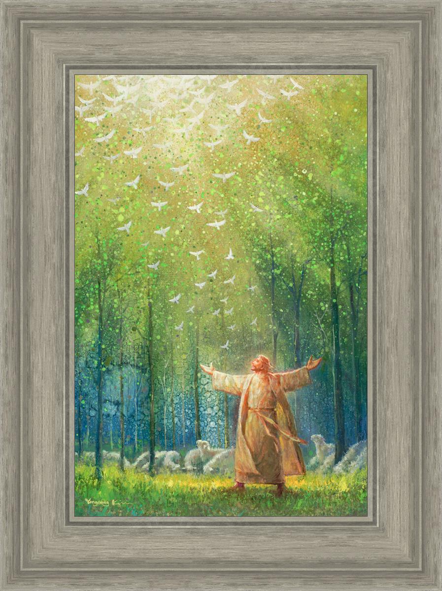 This is a painting of Jesus and His sheep in a green forest with doves ascending towards heaven. | Gray Frame Painting