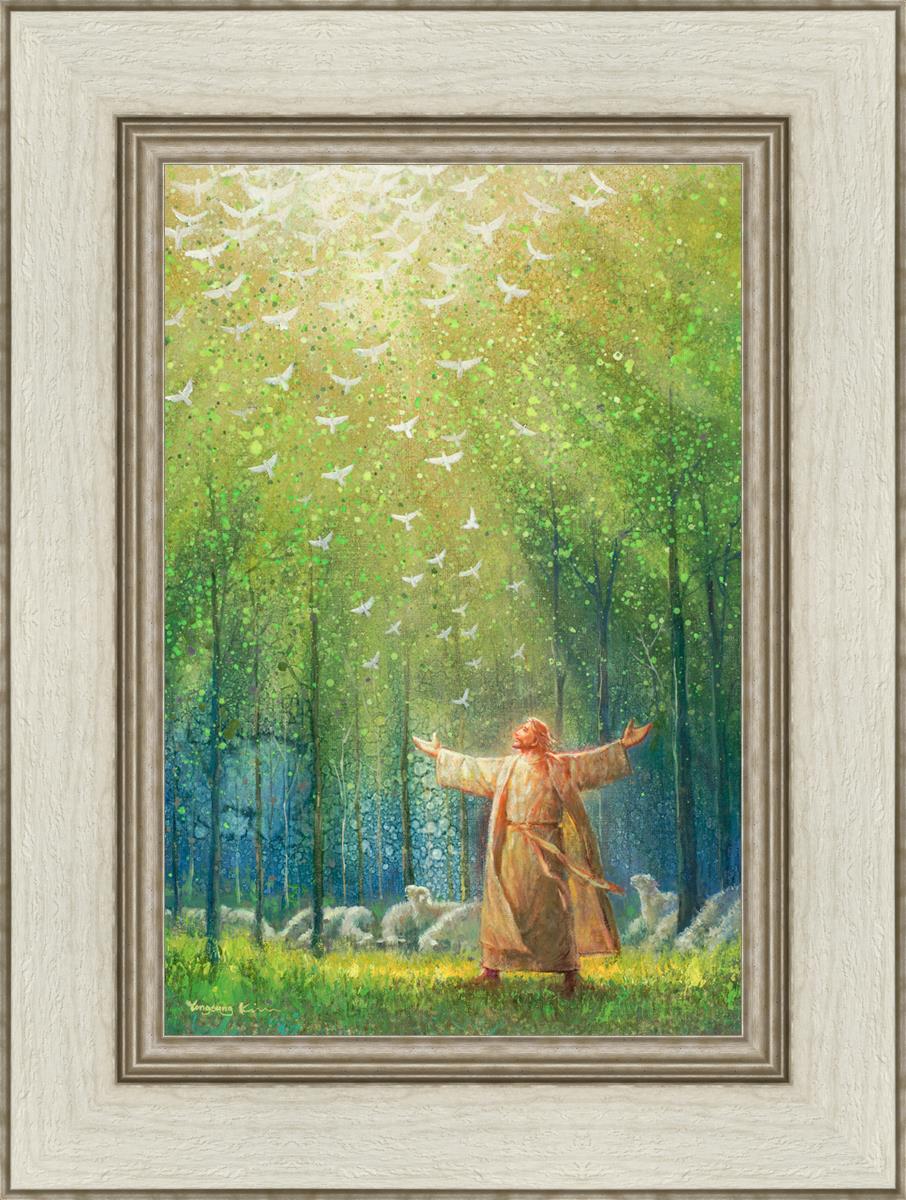 This is a painting of Jesus and His sheep in a green forest with doves ascending towards heaven. | Ivory Frame Painting