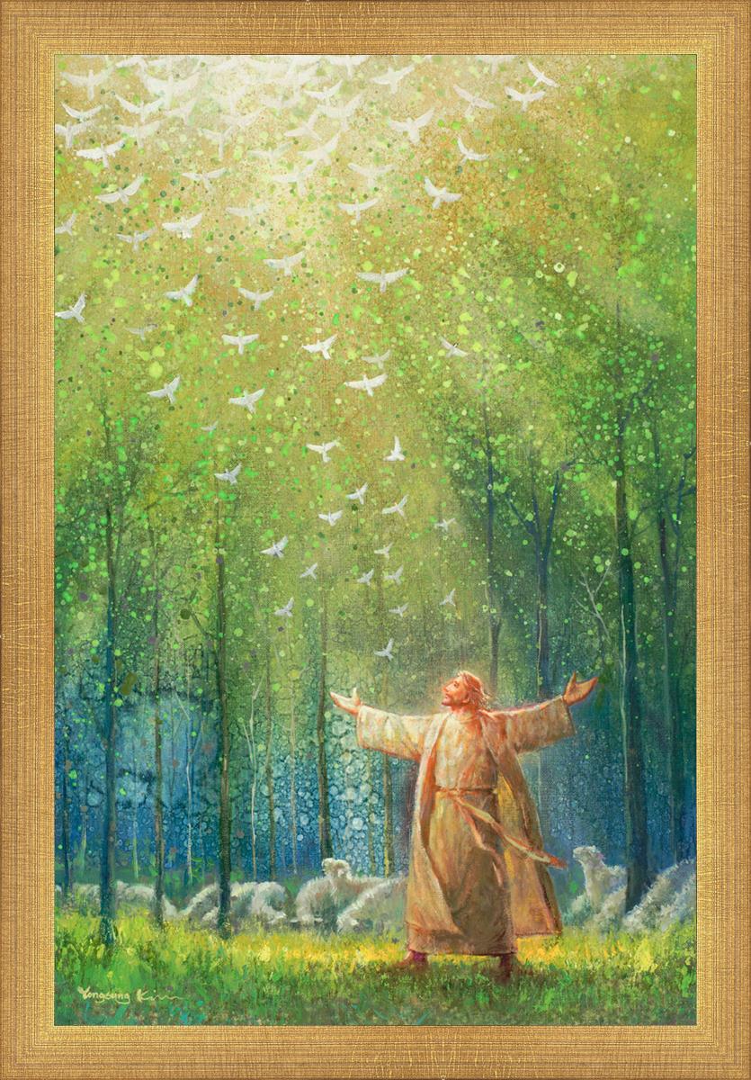 This is a painting of Jesus and His sheep in a green forest with doves ascending towards heaven. | Matte Gold Frame Painting