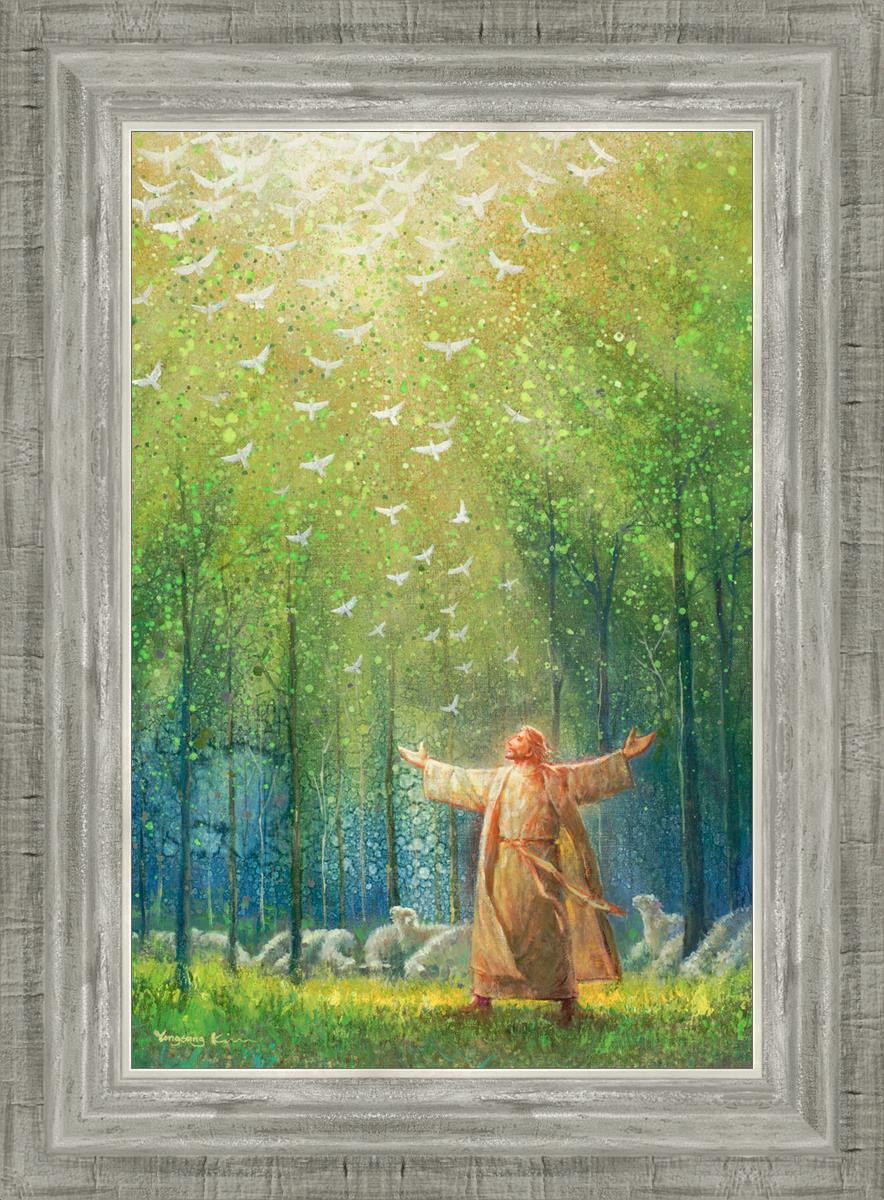 This is a painting of Jesus and His sheep in a green forest with doves ascending towards heaven. | Silver Frame Painting