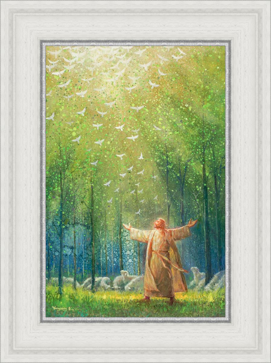 Painting of Jesus and His sheep in a green forest with doves ascending towards heaven | White Frame Painting