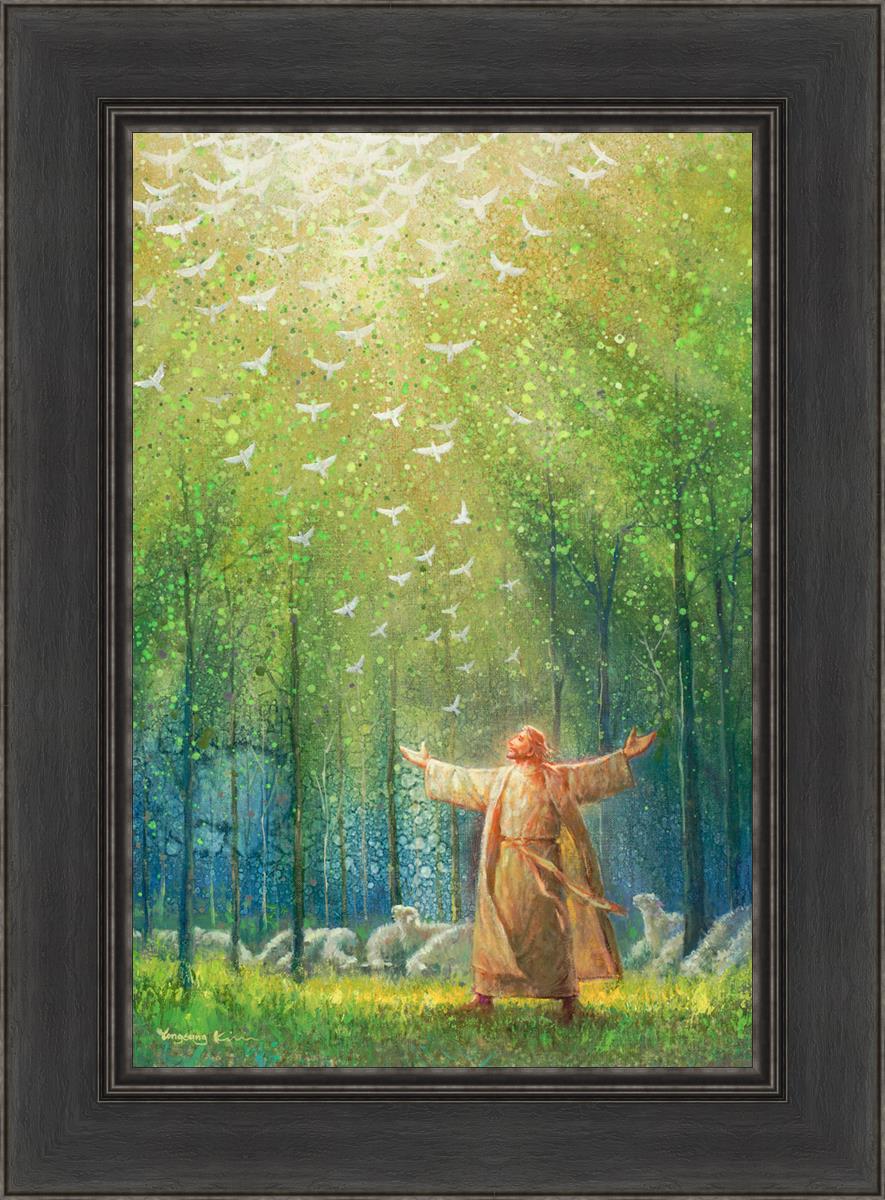Painting of Jesus and His sheep in a green forest with doves ascending towards heaven | Black Frame Painting