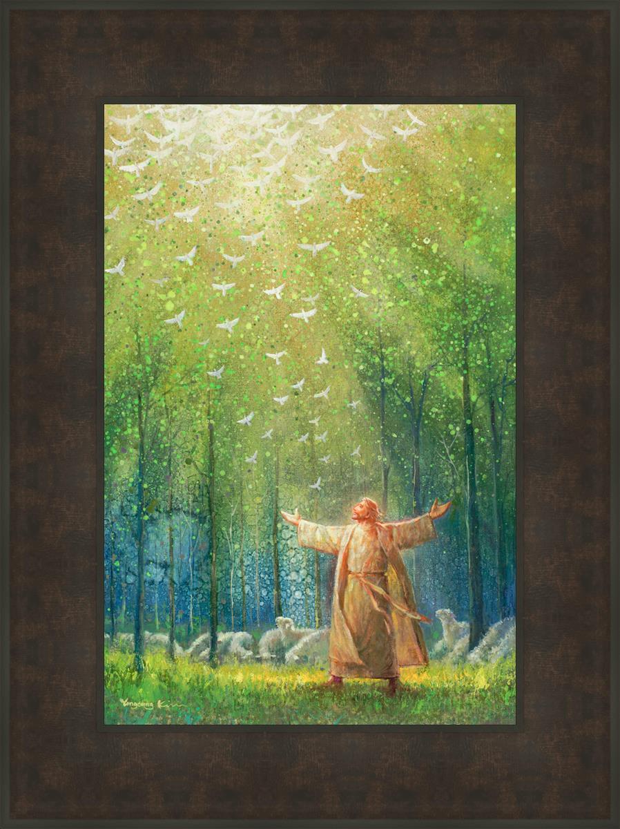 Painting of Jesus and His sheep in a green forest with doves ascending towards heaven | Brown Texture Frame Painting