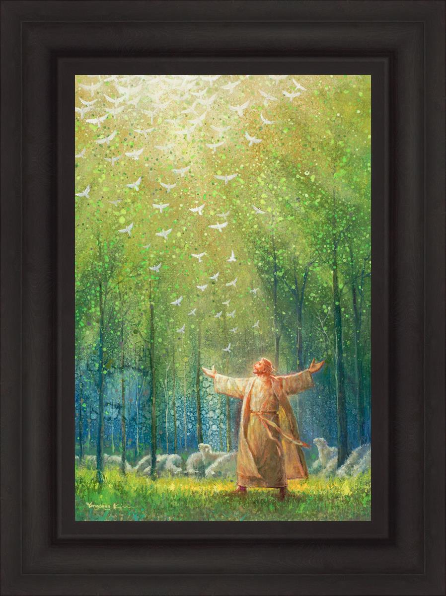 Painting of Jesus and His sheep in a green forest with doves ascending towards heaven | Brown Frame Painting