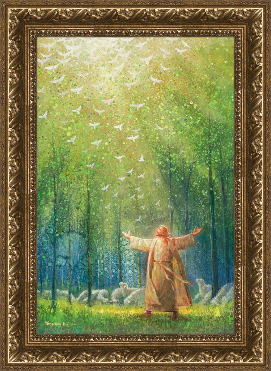 Painting of Jesus and His sheep in a green forest with doves ascending towards heaven | Gold Frame Painting