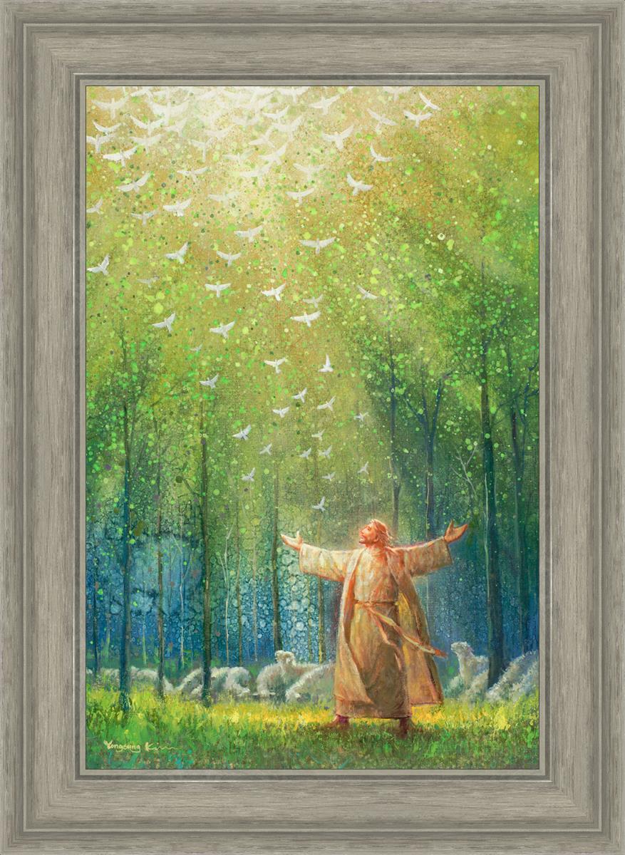 Painting of Jesus and His sheep in a green forest with doves ascending towards heaven | Gray Frame Painting