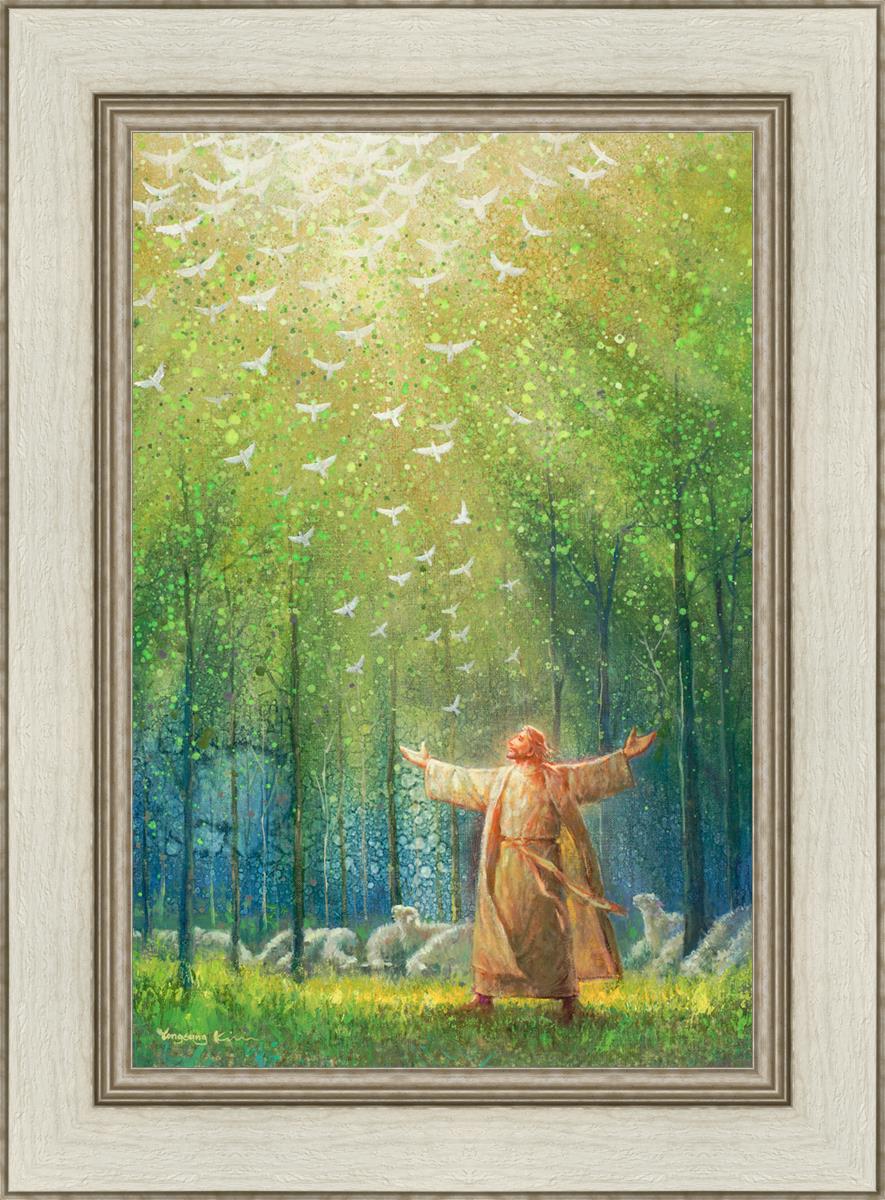 Painting of Jesus and His sheep in a green forest with doves ascending towards heaven | Ivory Frame Painting