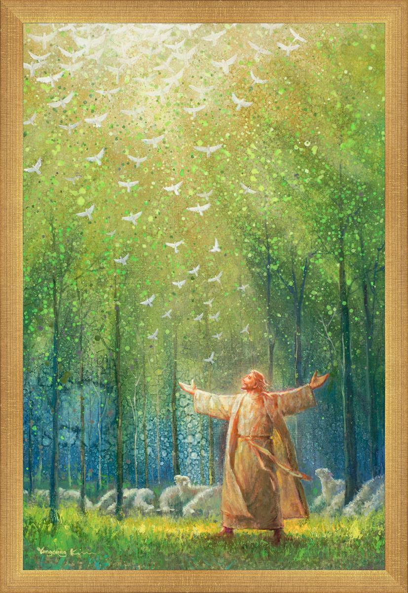Painting of Jesus and His sheep in a green forest with doves ascending towards heaven | Gold Matte Frame Painting