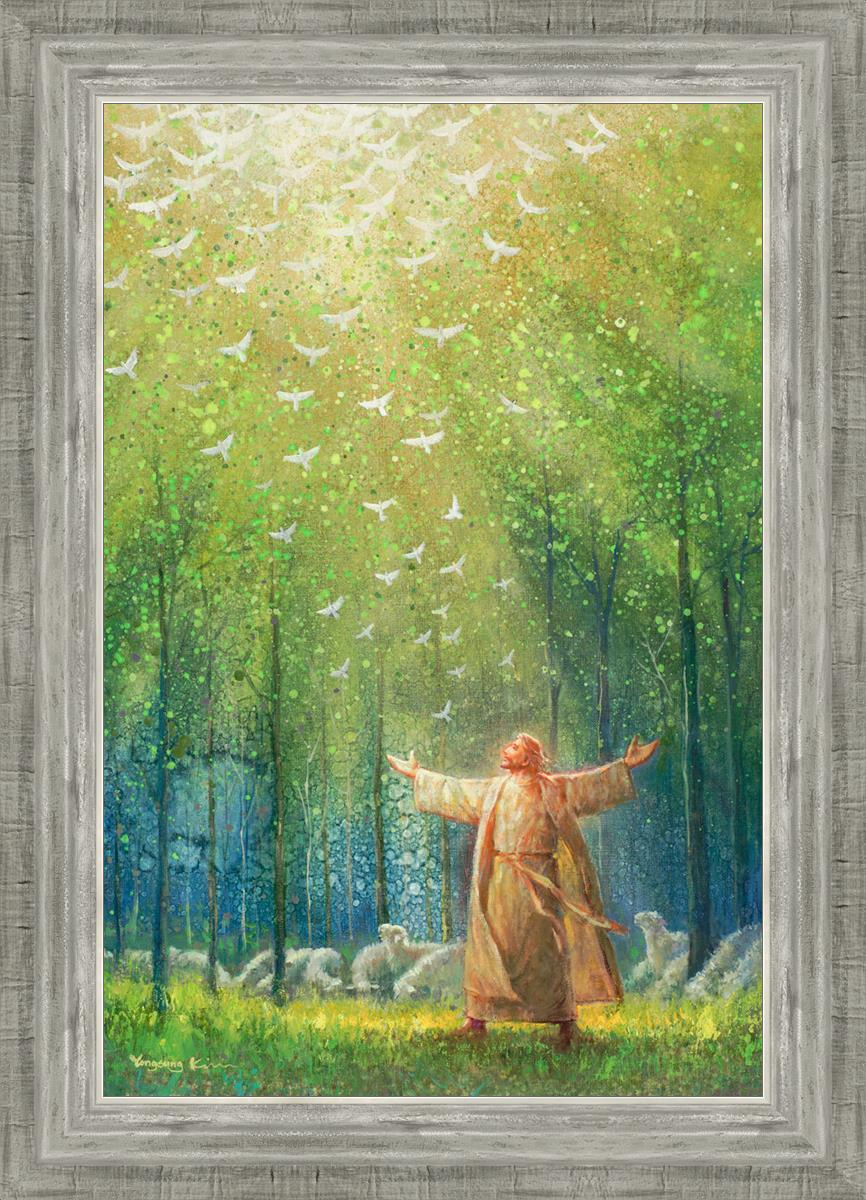 Painting of Jesus and His sheep in a green forest with doves ascending towards heaven | Gray Frame Painting