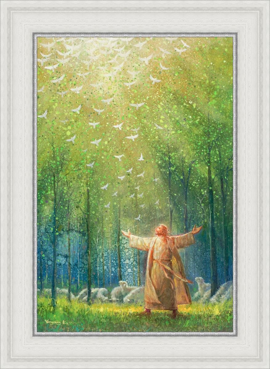 Painting of Jesus and His sheep in a green forest with doves ascending towards heaven | White Frame Painting