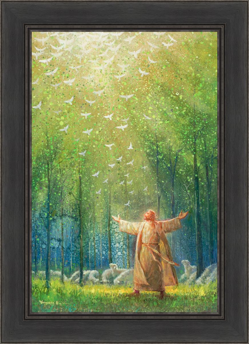 Painting of Jesus and His sheep in a green forest with doves ascending towards heaven | Black Frame Painting