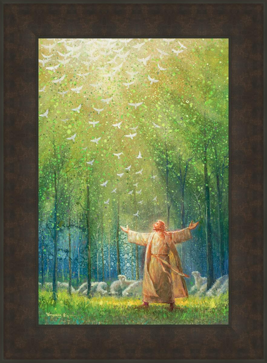 Painting of Jesus and His sheep in a green forest with doves ascending towards heaven | Brown Texture Frame Painting