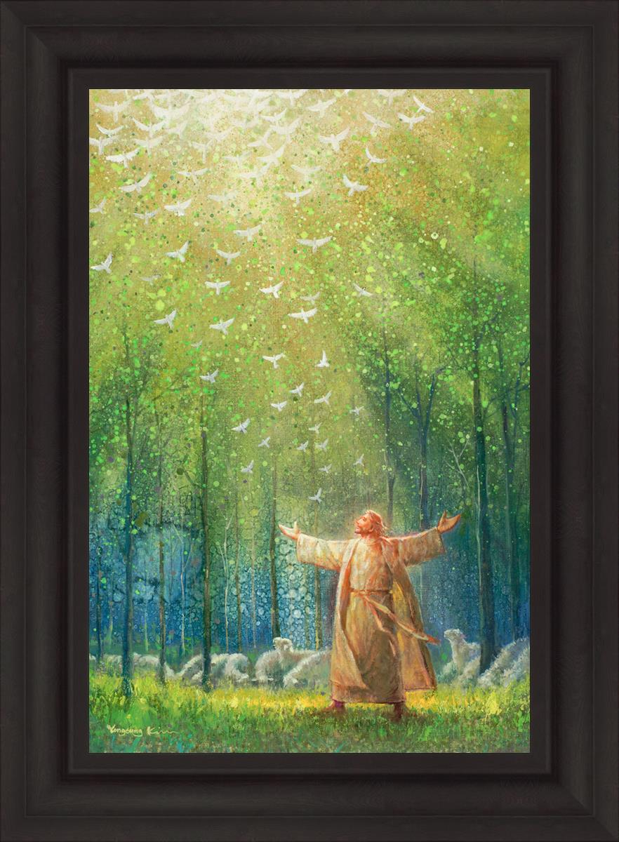 Painting of Jesus and His sheep in a green forest with doves ascending towards heaven | Brown Frame Painting
