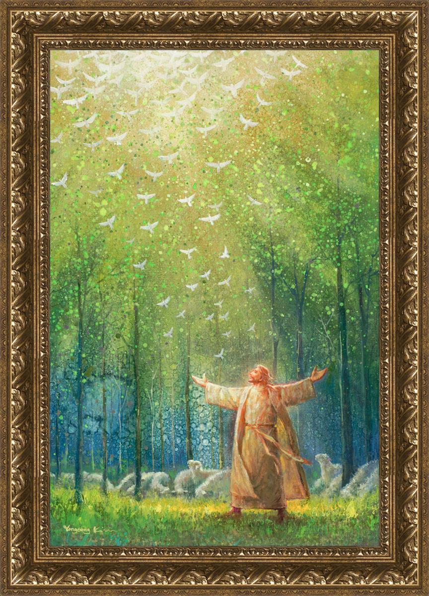 Painting of Jesus and His sheep in a green forest with doves ascending towards heaven | Gold Frame Painting