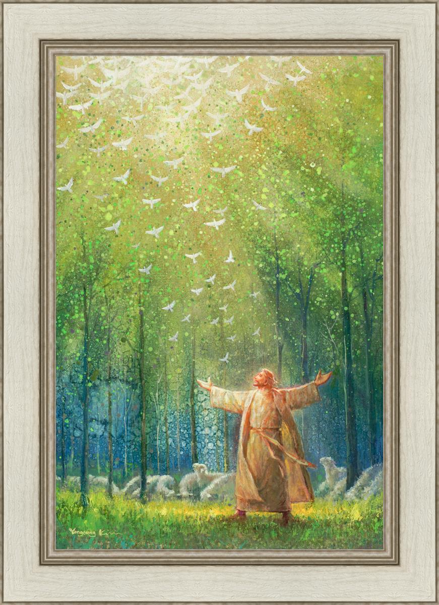 Painting of Jesus and His sheep in a green forest with doves ascending towards heaven | Ivory Frame Painting