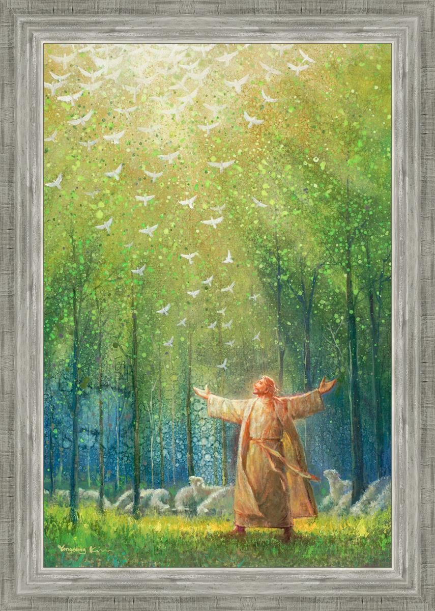 Painting of Jesus and His sheep in a green forest with doves ascending towards heaven | Gray Frame Painting