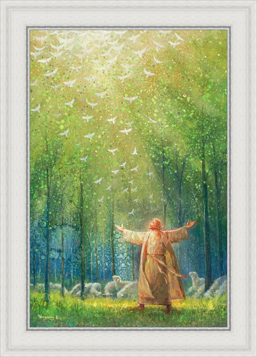 Painting of Jesus and His sheep in a green forest with doves ascending towards heaven | White Frame Painting