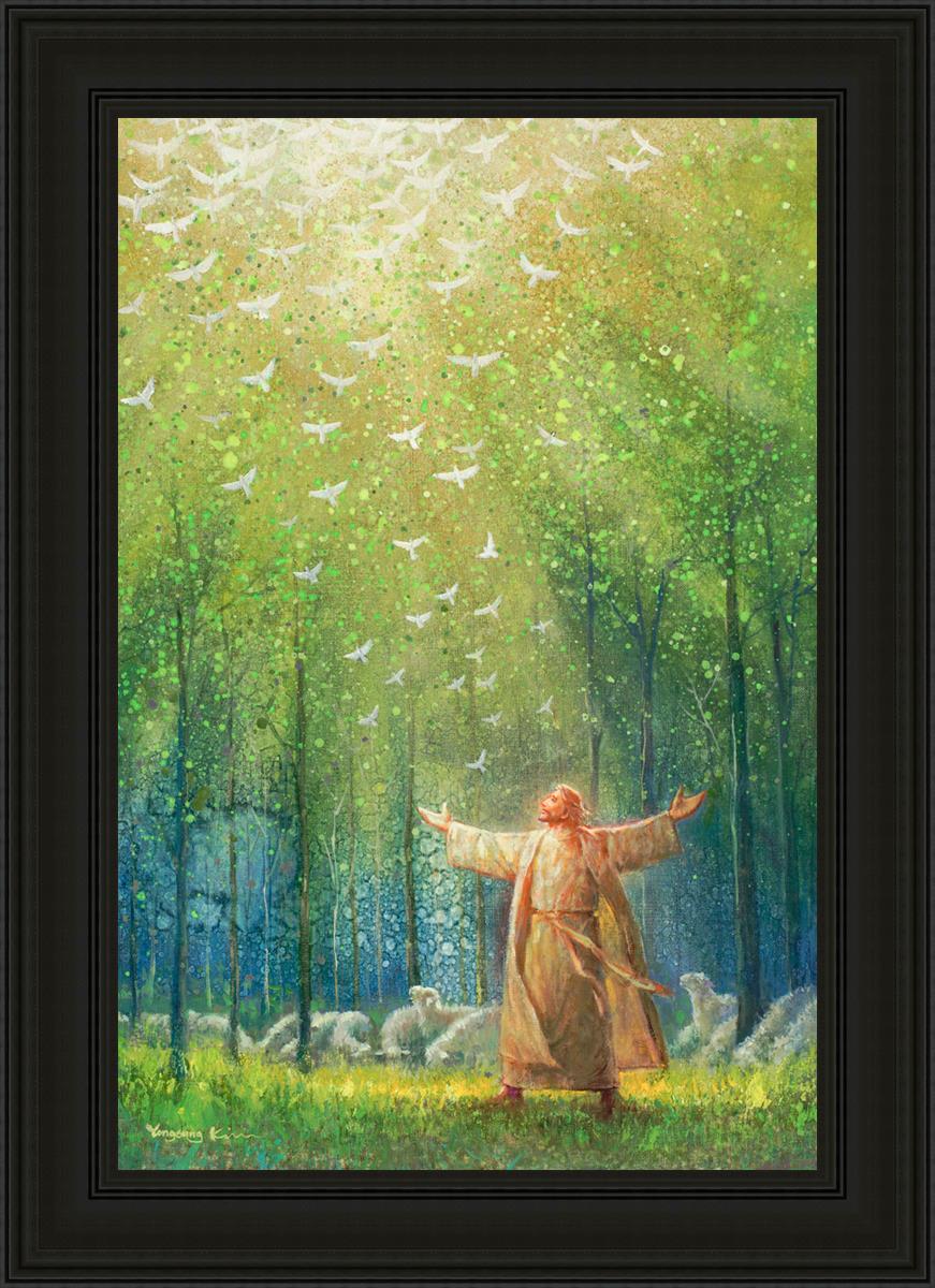 Painting of Jesus and His sheep in a green forest with doves ascending towards heaven | Black Frame Painting
