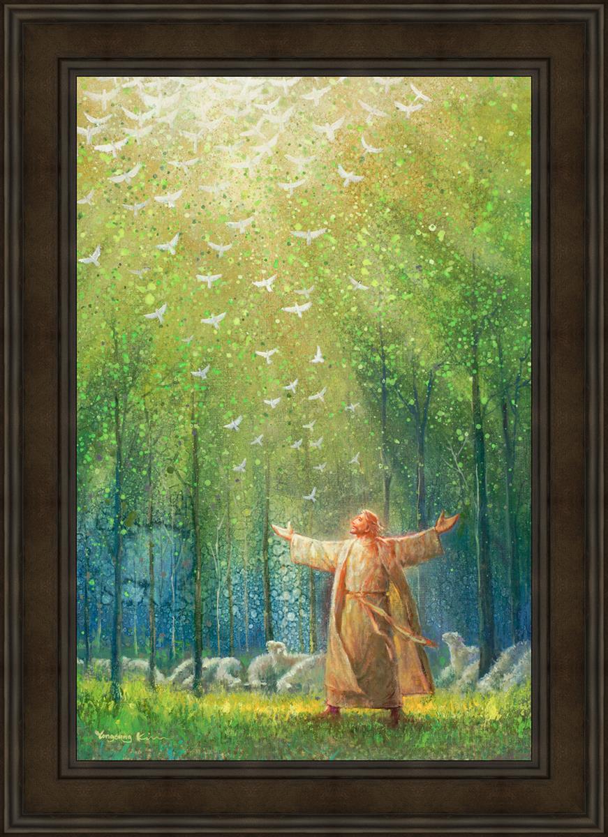 Painting of Jesus and His sheep in a green forest with doves ascending towards heaven | Brown Frame Painting
