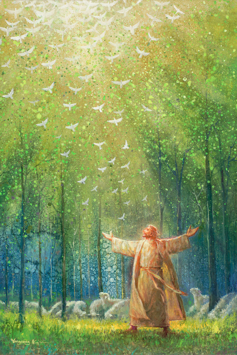 Painting of Jesus and His sheep in a green forest with doves ascending towards heaven.